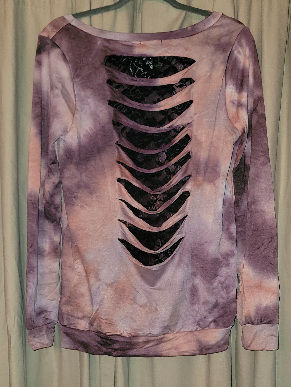Lavender Tie-Dye Cutout Back Sweatshirt with Black Lace Inset